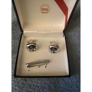 VTG Hickok MCM Classic Silver Tone Hematite Cufflinks And Tie Pin In Box Wedding